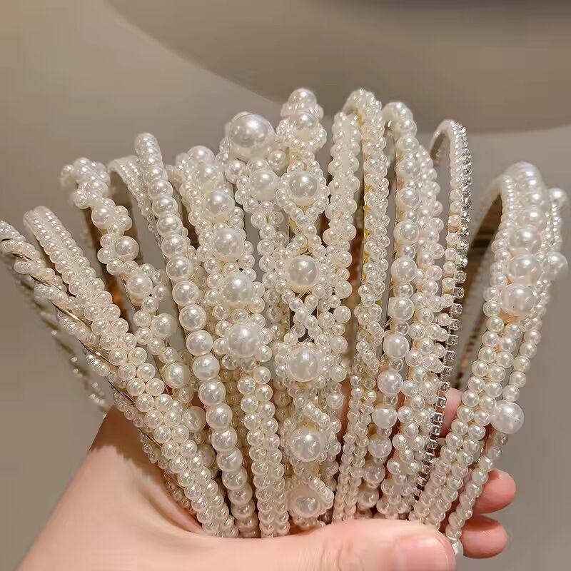 Korean White Simulation Pearl Hairbands for Women Elegant Sweet Elastic Handmade Bow Flower Hair Hoops Headband Hair Accessories