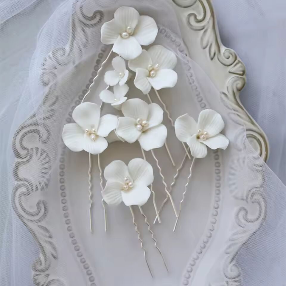 Simple White Ceramic Flowers Hairpins Clips Bridal Hair Clips Pins Wedding Jewelry Women Hair Piece Wedding Hair Accessories