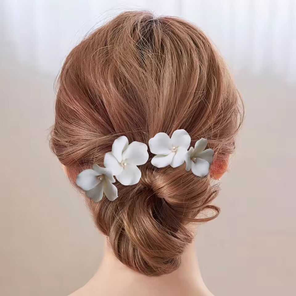 Simple White Ceramic Flowers Hairpins Clips Bridal Hair Clips Pins Wedding Jewelry Women Hair Piece Wedding Hair Accessories